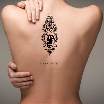 Tribal Hindu Geometric Lotus Mandala Spine Tattoo Ideas - Boho Script Quote Writing Floral Flower Back Tat - www.MyBodiArt.com #tattoos
