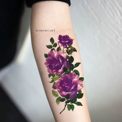 Modern Purple Floral Flower Forearm Arm Sleeve Temporary Tattoo Ideas for Women - www.MyBodiArt.com
