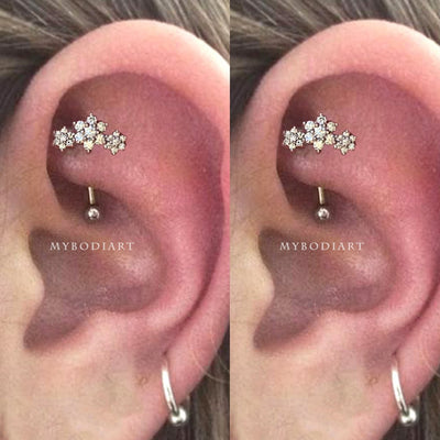Cute Unique Rook Ear Piercing Jewelry Crystal Flower Curved Barbell Earring 16G - www.MyBodiArt.com #rook #piercings