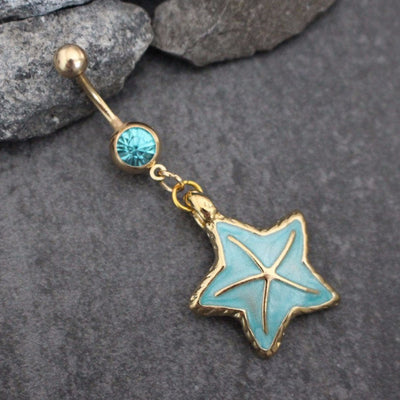 Starfish Belly Button Rings | Gold Star Navel Jewelry | Dangle in Glazed Pearl Enamel | Stainless Surgical Steel | Ultra Shine Blue Crystals