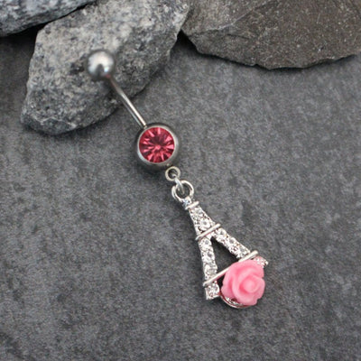 Rose Navel Jewelry | Belly Button Rings Dangle | Eiffel Tower Paris French | 14G Gauge Barbell | w/ Sparkly Pink Crystals | Cute Feminine