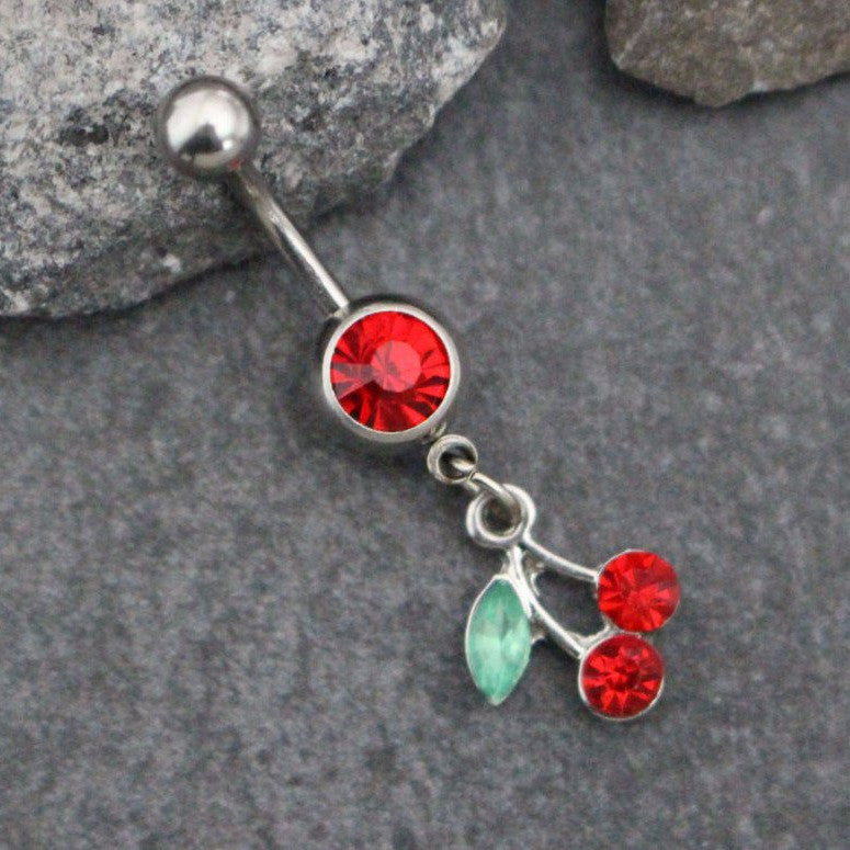 Beautiful belly button ring with red cherries and green leaves