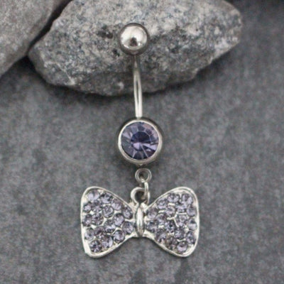 Bow Belly Button Rings | Silver Navel Jewelry Dangle Bowknot Bowtie Knot Tie Ribbons Hanging | w/ Super Sparkle Pink Purple Crystals