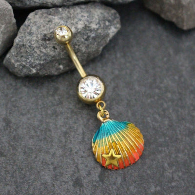 Shell Belly Button Rings | Seashell Navel Piercing Beach | Gold Starfish Summer Jewelry |Aurora Borealis Crystals Glistening Rainbow Enamel