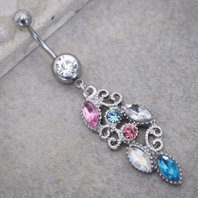 Peacock Tail Belly Button Rings Dangle | Navel Jewelry Silver | w/ Ultra Sparkle Jewel Aurora Borealis Rainbow Multicolor Teardrop Crystals