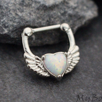 Opal Septum Clicker with Hearts & Wings, Daith Piercing Jewelry, Opal Septum Ring, Daith Earring, Septum Piercing, Daith Jewelry, 16G Septum Jewelry 