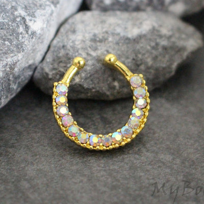 Gold Fake Septum Ring with Aurora Borealis Crystals