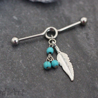 Bohemian Feather Turquoise Industrial Barbell in 14G Silver