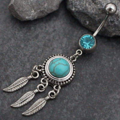 Turquoise Dreamcatcher Dangle Belly Button Jewelry, Belly Button Ring, Navel Ring, Navel Piercing in Silver Bohemian Boho Stone Opal