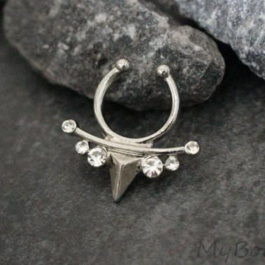 Spearhead Crystal Fake Septum Ring in Silver