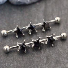 Industrial Barbell, Industrial Piercing, Scaffold Earring, Scaffold Bar, Stars, Black Crystal, 14 Gauge, 14G