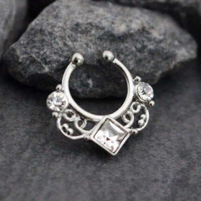 Silver Crystal Fake Septum Ring, Faux Septum Piercing, Septum Jewelry, Septum Jewellery, Septum Clip On
