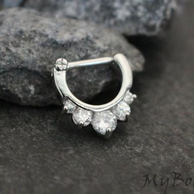 Silver Septum Clicker, Crystal Daith Piercing Jewelry