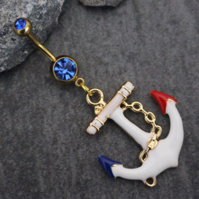 Chunky Anchor Belly Button Ring in Gold Barbell with Blue Crystals