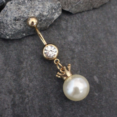 Pearl Belly Button Ring, Pearl Belly Ring, Crown Navel Piercing, Princess Belly Button Jewelry, Gold Navel Jewelry, Double Gem Barbell Cute