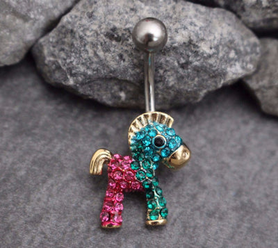 Rocking Horse Belly Button Rings Stud in Silver Non Dangle Belly Button Jewelry, Belly Bar, Navel Ring, Navel Piercing with Pink Blue Green Crystals