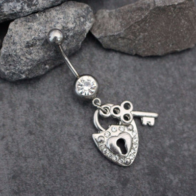 Lock & Key Navel Piercing | Belly Button Rings Dangle | Silver Belly Ring | Body Jewelry | Kawaii Cute Dainty | w/ High Shine Clear Crystals