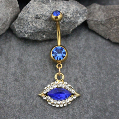 Evil Eye Belly Ring | Gold Navel Jewelry | Dangle Body Piercing | Hamsa Tribal Vintage Boho Arabic | w/ Deep Blue Ultra Shine Crystals