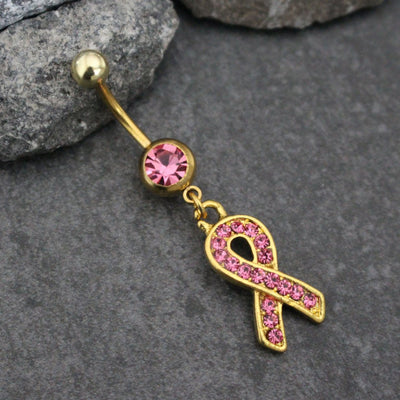 Breast Cancer Jewelry, Belly Button Piercing, Gold Belly Ring, Pink Crystal Navel Jewelry