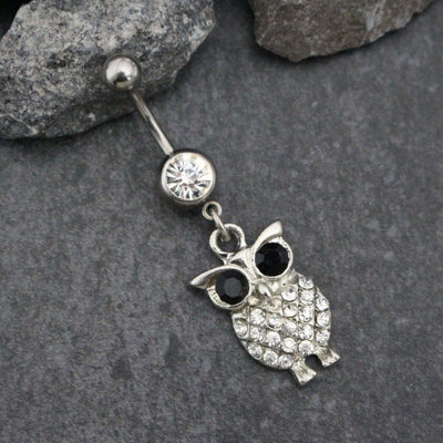 Owl Dangle Belly Button Rings | Navel Jewelry |  Cute Eye Elegant Classy Glamorous Bling | in Silver | w/ Precious Blue or Clear Crystals |