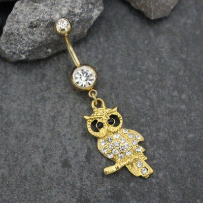 Gold Belly Button Rings | Owl Dangle Navel Jewelry Body Piercing | Wings Perch Swan Bird | Vintage Tribal | w/ Ultra Bling Clear Crystals |