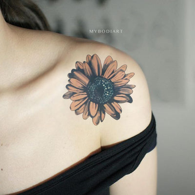 Cute watercolor sunflower floral flower shoulder tattoo ideas for women -  ideas lindas del tatuaje del hombro del girasol para las mujeres - www.MyBodiArt.com #tattoos