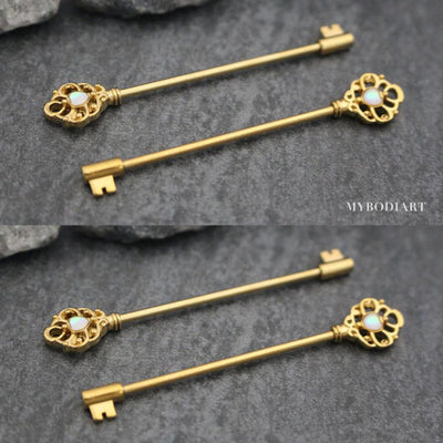 Opal Gold Key Industrial Barbell Piercing Jewelry Scaffold Earring - www.MyBodiArt.com 