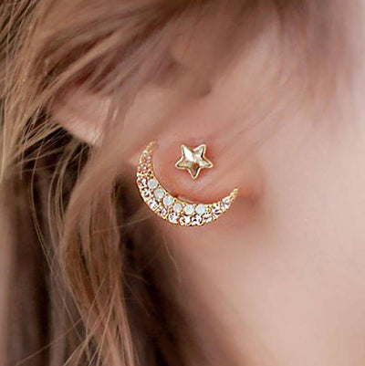 Cute Star and Moon Ear Jacket Earring in Gold for Women Fashion Jewelry - www.MyBodiArt.com
