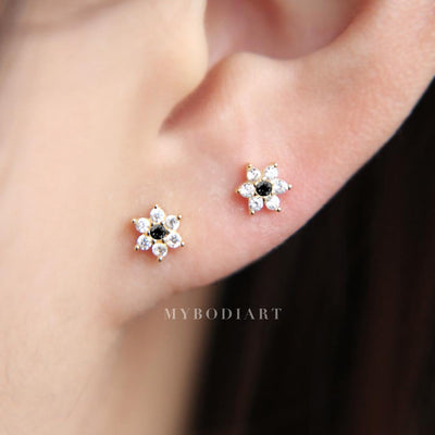 Cute Dainty Minimal Crystal Flower Ear Piercing Earring Fashion Jewelry for Women for Lobe Cartilage Tragus Helix Conch in Gold and Black - www.MyBodiArt.com 
