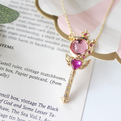 Cute Sailor Moon Pink Crescent Moon Crystal Wand Heart Angel Wing Gold Chain Choker Necklace Statement Jewelry for Women - www.MyBodiArt.com #necklaces