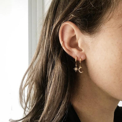 Double Ear Lobe Ear Piercing Jewelry Ideas - Cute Moon & Star Huggie Hoop Earrings - www.MyBodiArt.com #earrings 