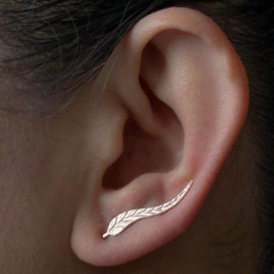 Ava Leaf Ear Climber Earrings, Feather Ear Crawler, Tribal Ear Jacket in Gold or Silver at MyBodiArt.com