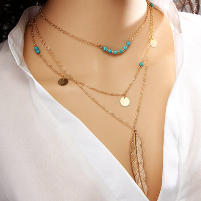 Womens Casual Work Office Outfits Ideas Fashion -  Tribal Feathers & Leaves Winona Boho Turquoise Layered Gold Necklace at MyBodiArt.com