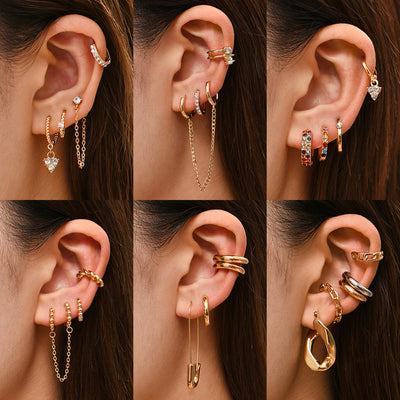 Pretty Ear Piercing Ideas - Ear Cuff Hoop Earrings Cartilage Helix Conch Tragus Studs Set -  www.MyBodiart.com #earpiercings
