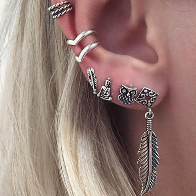 Beautiful Ear Piercing Ideas - Sacred Buddha Stud - Feather Leaf Drop Earring - Owl Jewelry - MyBodiArt.com 