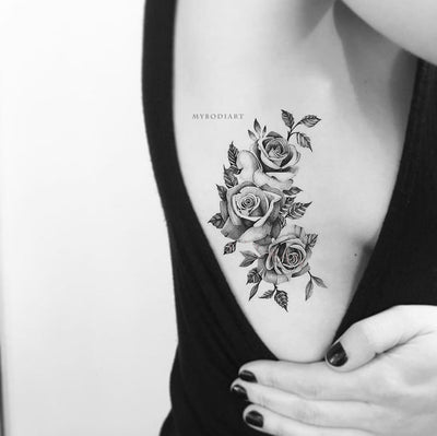 Vintage Black and White Floral Flower Rose Side Rib Temporary Tattoo Ideas for Women -  Ideas de tatuaje de costilla rosa para mujeres - www.MyBodiArt.com #tattoos
