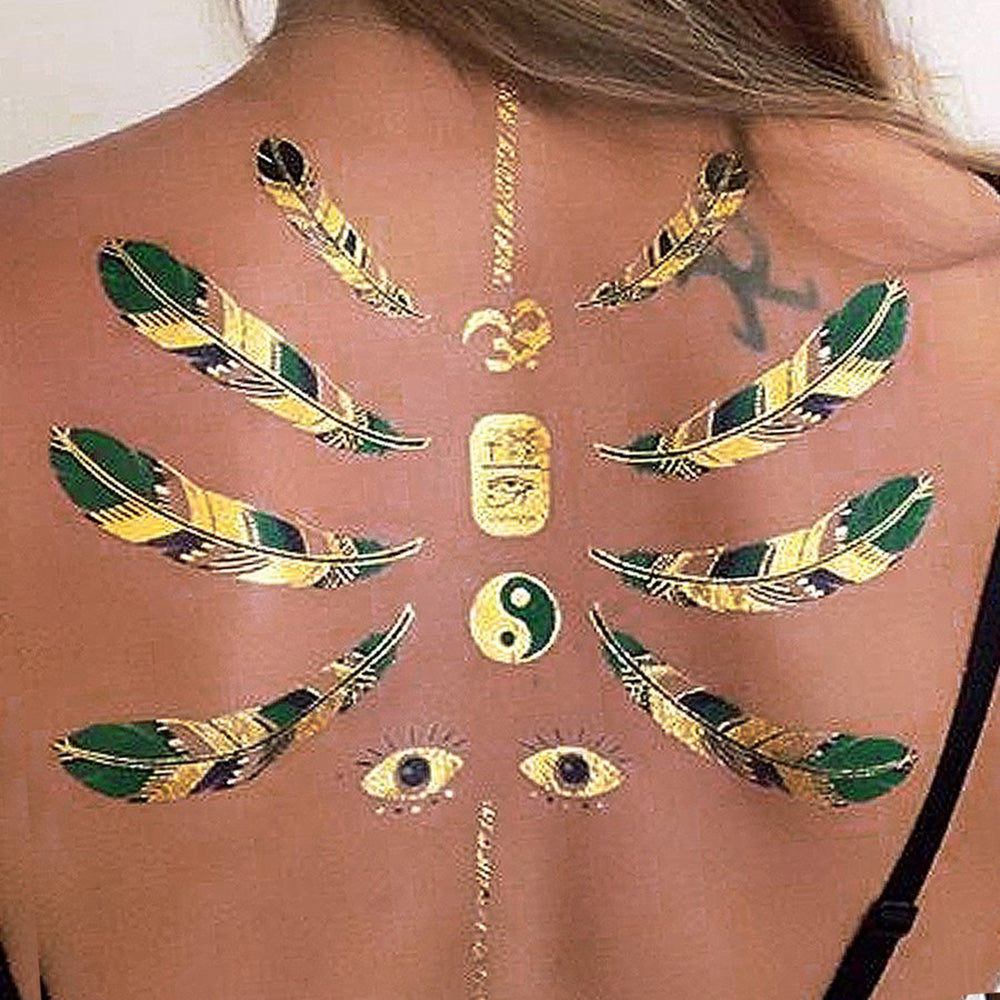 Gold, Green and Black Metallic Feathers (16 Tattoos) – Tattoo for a week