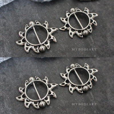 Unique Sun Nipple Piercing Jewelry Barbell in Silver 14G - www.MyBodiArt.com