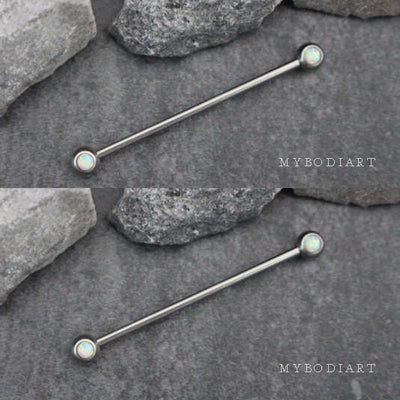 Double Opal Industrial Barbell Scaffold Earring 16G for Women Ear Piercing Jewelry Ideas - www.MyBodiArt.com