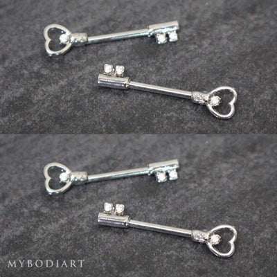 Heart Crystal Key Nipple Ring Piercing Jewelry 14G in Silver - www.MyBodiArt.com