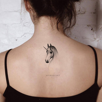 Cute Black Unicorn Horse Back Temporary Tattoo Ideas for Women Sketch Drawing - www.MyBodiArt.com