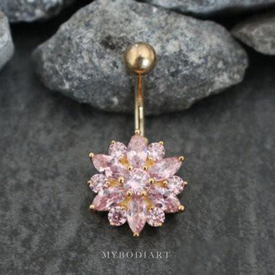 Cute Pink Swarovski Crystal Gold Belly Button Piercing Stud Bar Navel Ring Body Jewelry - www.MyBodiArt.com