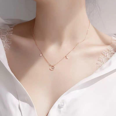 Cute Dainty Crystal Moon Star Floating Chain Necklace Choker - www.MyBodiArt.com #necklace