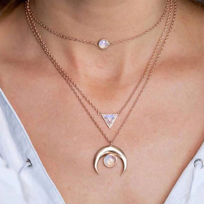 Cute Boho Opal Moon Triple Layered Choker Necklace in Rose Gold - www.MyBodiArt.com