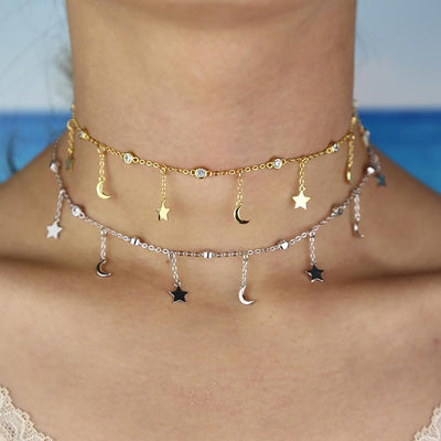 Pretty Moon Star Dainty Chain Choker Necklace in Gold or Silver - www.MyBodiArt.com 