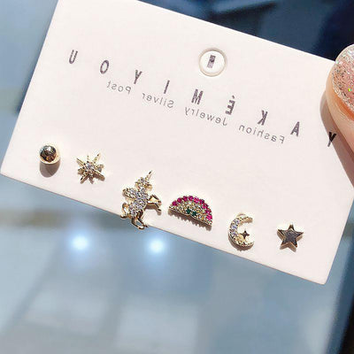 Cute Crystal Moon Star Unicorn Rainbow Earring Stud Set Fashion Jewelry - www.MyBodiArt.com