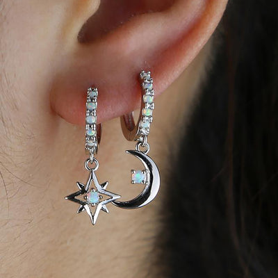 Cute Opal Silver Huggie Hoop Earrings Moon & Sun Celestial Ear Piercing Jewelry - www.MyBodiArt.com #earrings