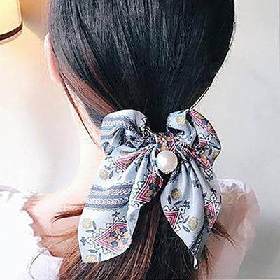 2020 Trends Easy Cute Ponytail Hairstyles Medium Classy Silk Bow Tie Know Scrunchies with Pearl - MyBodiArt