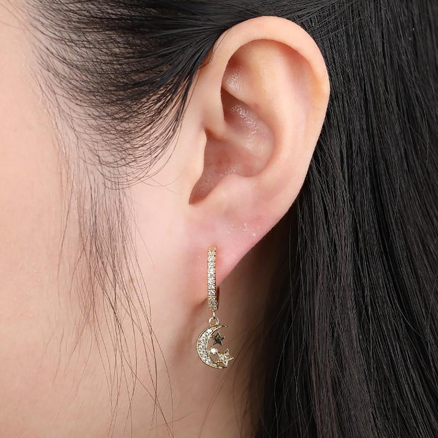 Rylee Cool Moon & Stars Crystal Pave Huggie Hoop Earrings – MyBodiArt