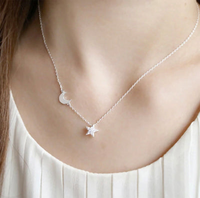 Cute Unique Moon Star Pendant Chain Choker Necklace Fashion Jewelry Ideas for Women -  collares lindos - www.MyBodiArt.com